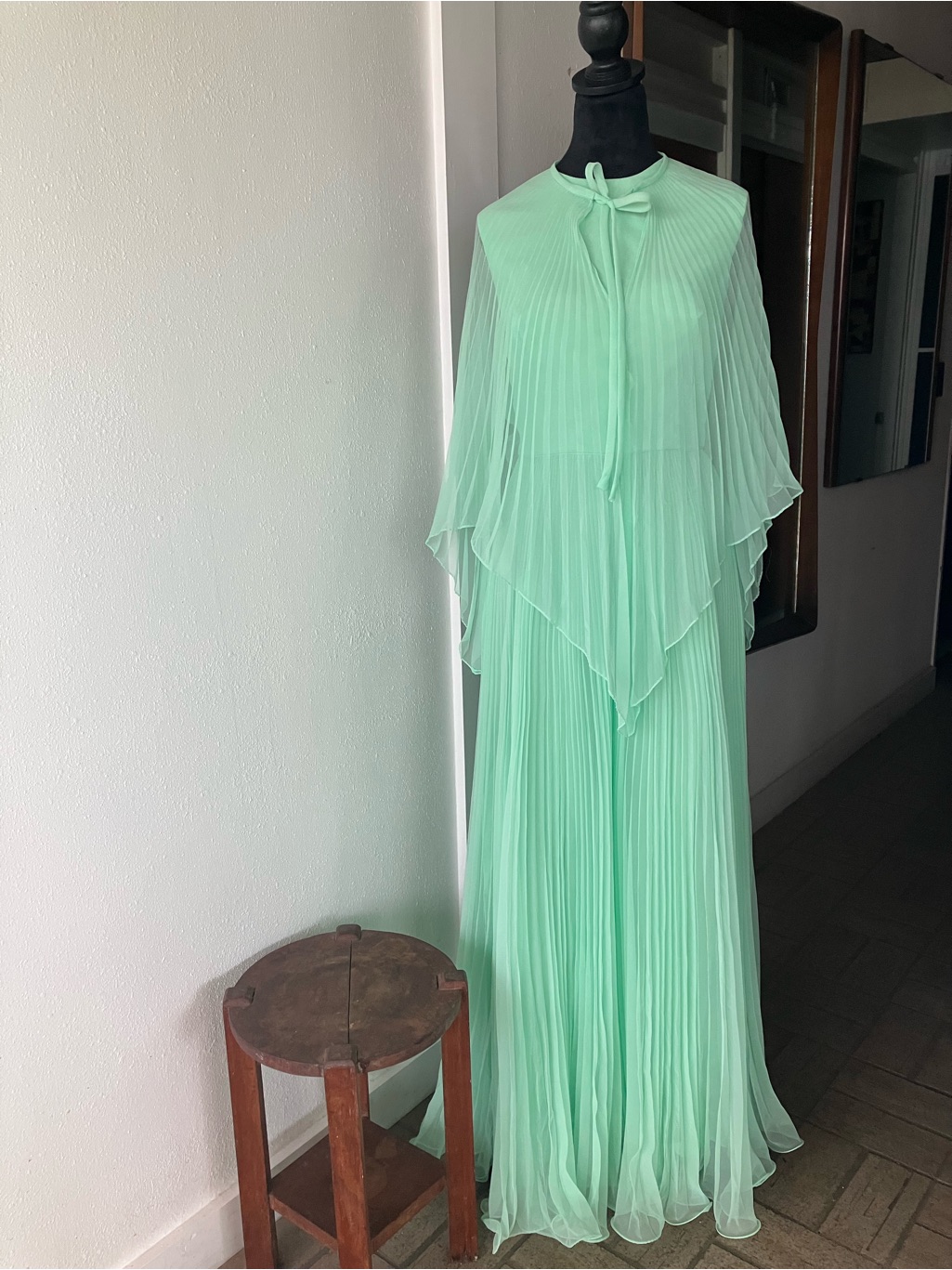 Pleated Maxi Dress With Tie Neck In Mint Green